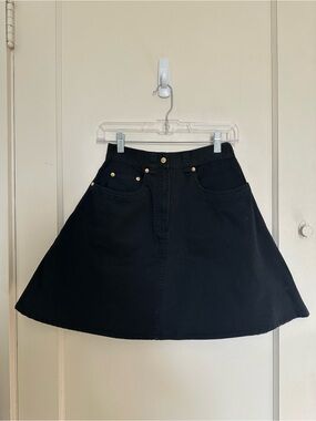 Vintage Versace Jeans Black A-Line Denim Mini Skirt with Gold Medusa Head Button